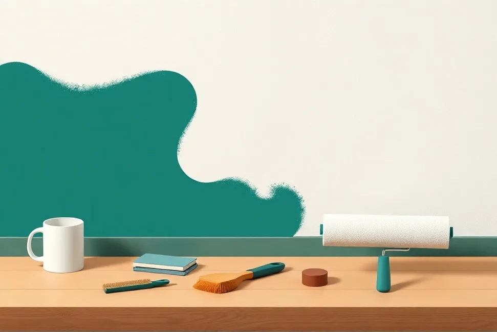 Outils de peinture disposés dans l'ordre des étapes du chantier