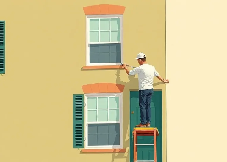 Peintre sur échafaudage traitant la façade d'une maison